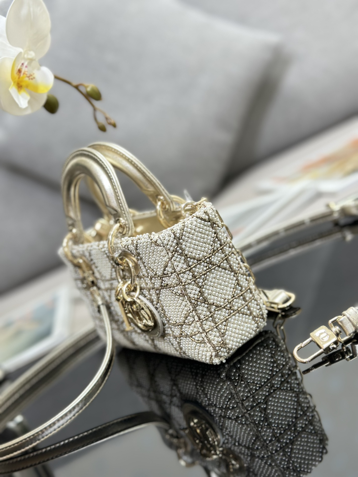 Micro Lady D-Joy Bag Silver Satin Embroidered with Pearl